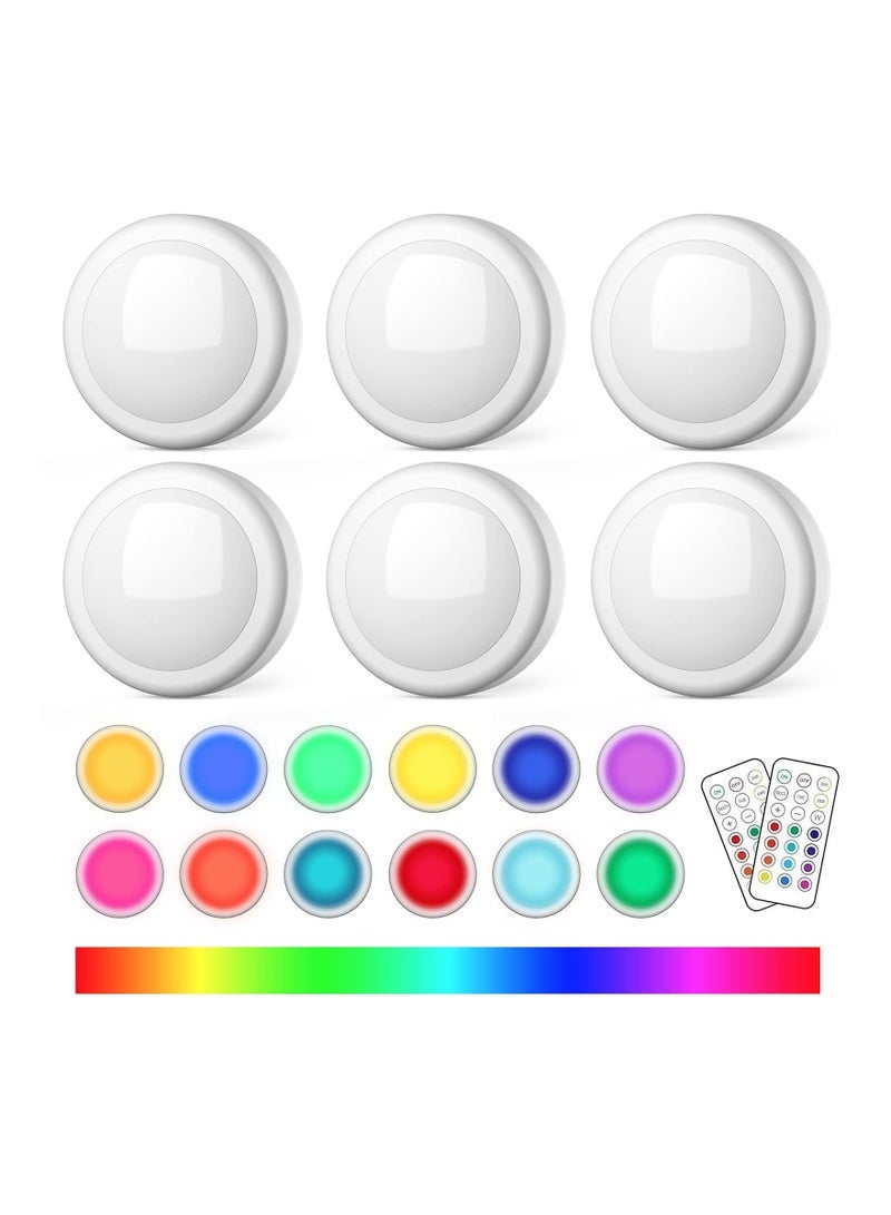 6 Pack Puck Light with 2 Remote Control, RGB 13 Colors Changing LED Wireless LED Under Cabinet Lighting Push Lights Closet Light Battery Powered Lights Under Counter Lighting 3 AA Battery
